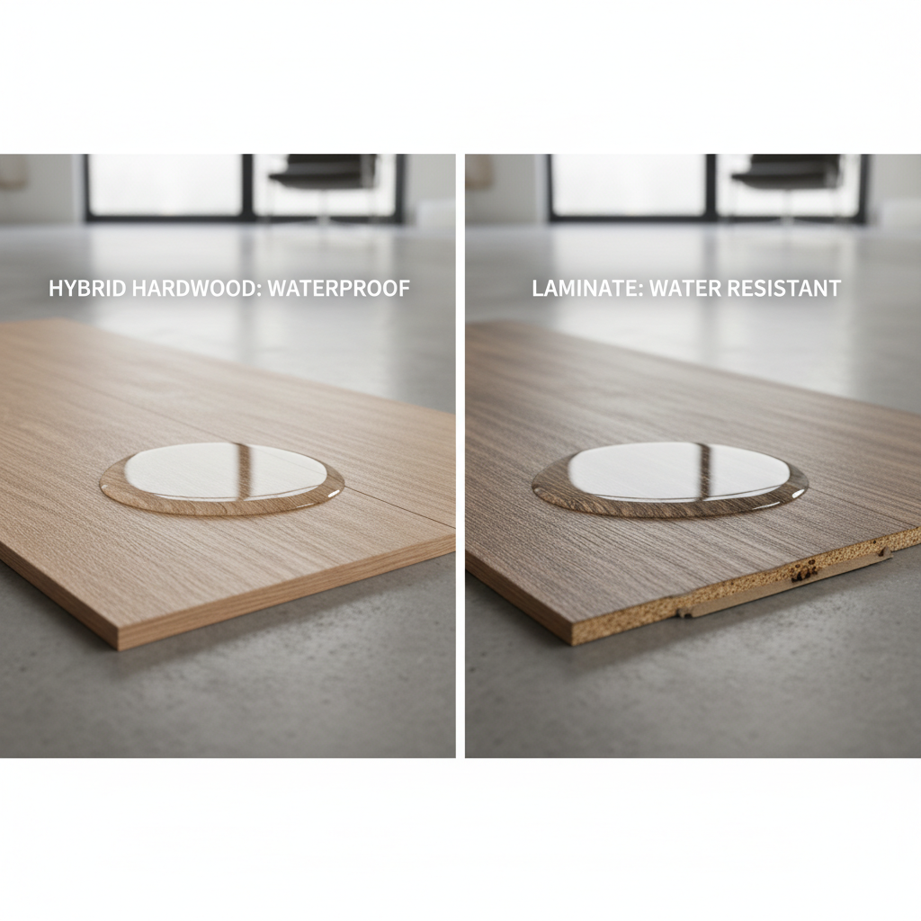 A split-screen, photorealistic image demonstrating the waterproof capabilities of hybrid hardwood versus the water resistance of laminate. On the left, a hybrid hardwood plank with a small puddle of water sitting on its surface, beading up perfectly, with the core clearly unaffected. On the right, a laminate plank with a similar puddle, but showing visible swelling and warping around the edges where the water has seeped into its HDF core.