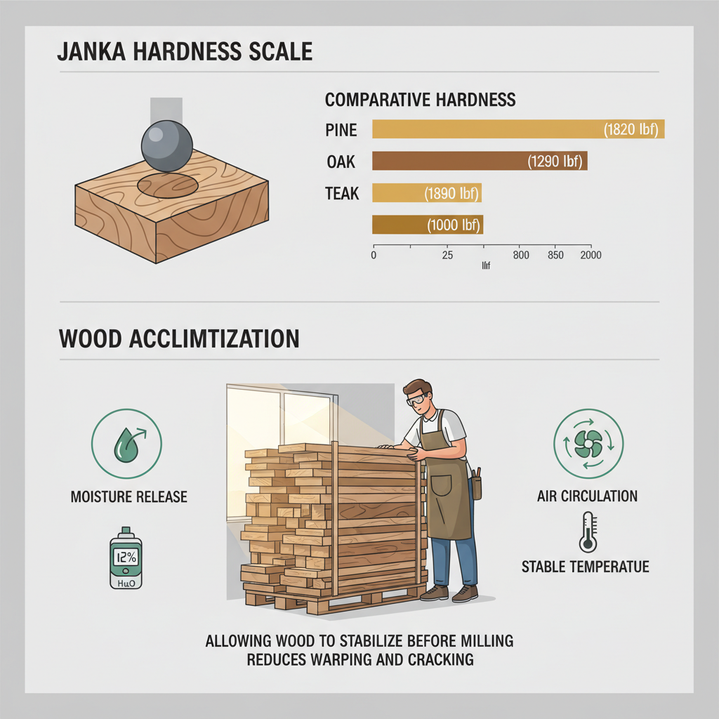 An infographic illustrating the Janka hardness scale for wood species and the process of wood acclimatization by master craftsmen before milling.