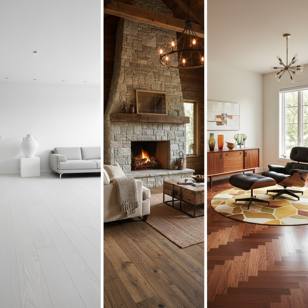 A triptych (three-panel image) showcasing different wood grain patterns paired with complementary interior design styles. Panel 1: A minimalist room with subtle, linear white oak grain flooring and clean lines. Panel 2: A rustic farmhouse room featuring a prominent, knotty hickory or wire-brushed European oak grain, with warm, textured decor. Panel 3: A mid-century modern room with the warm, closed grain of walnut or teak flooring, complemented by iconic furniture. Each panel should subtly integrate furniture and decor matching its style, with the flooring as the dominant visual element. Style: realistic, high-quality interior photography aesthetic, warm lighting.