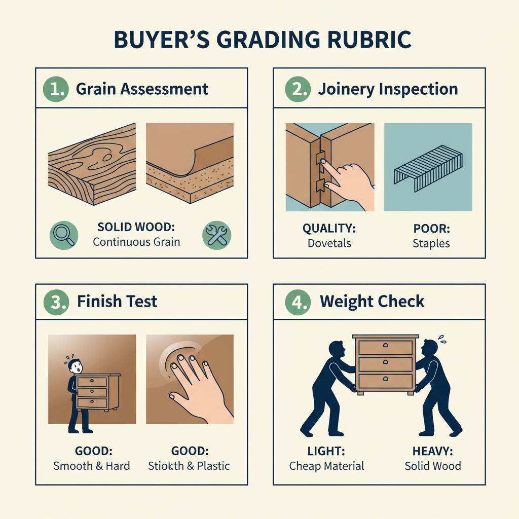 A multi-panel infographic illustrating a buyer's grading rubric for quality wood furniture, covering grain assessment, joinery inspection, finish test, and weight check.