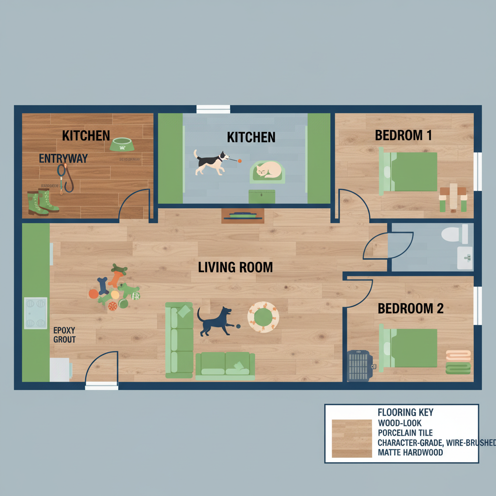 An overhead, stylized floor plan of an active, pet-friendly home. Clearly delineate different rooms: Kitchen and Entryway are floored with wood-look porcelain tile and a subtle 'epoxy grout' label. Living Room and Bedrooms are floored with character-grade, wire-brushed matte finish hardwood. Include subtle icons or elements representing activity in each zone, e.g., a dog bowl in the kitchen, a toy in the living room.