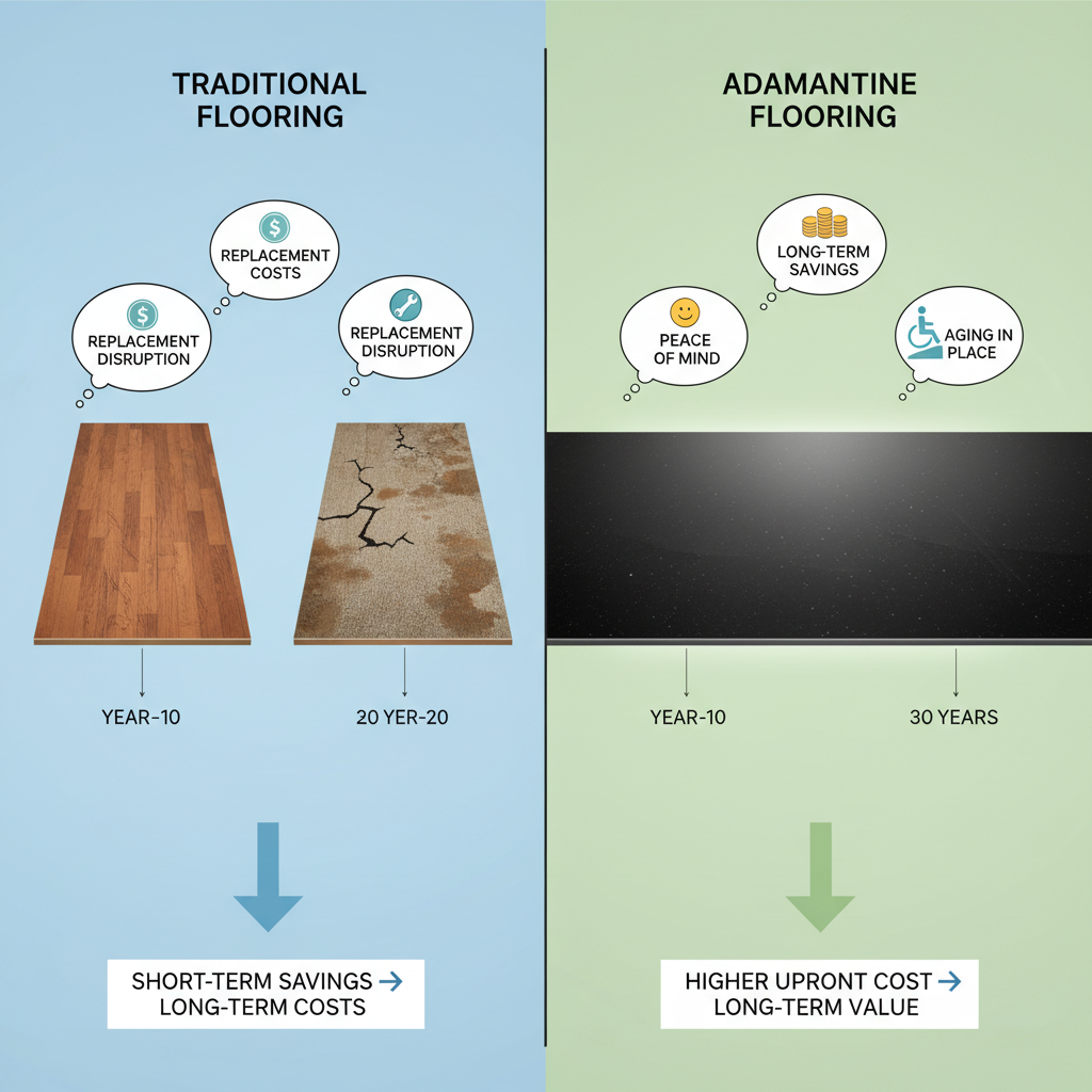 Comparative illustration showing a 30-year timeline: on the left, three worn-out floor installations with replacement costs; on the right, a single pristine adamantine floor representing long-term savings, peace of mind, and aging in place.