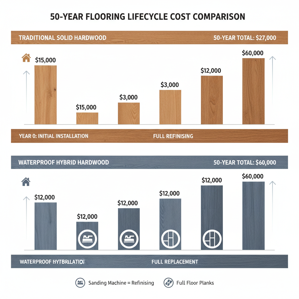An infographic illustrating a 50-year lifecycle cost comparison between traditional solid hardwood and waterproof hybrid hardwood. Use two parallel timelines or bar graphs. The 'Traditional Hardwood' timeline shows an initial high cost, followed by 3-4 smaller costs for refinishing over 50 years. The 'Waterproof Hybrid Hardwood' timeline shows a lower initial cost, followed by 3-4 full replacement costs over the same 50 years, with a cumulative total that appears higher. Use subtle icons like a sanding machine for refinishing and a 'new floor' icon for replacement. Style: clean, professional infographic with clear data visualization.