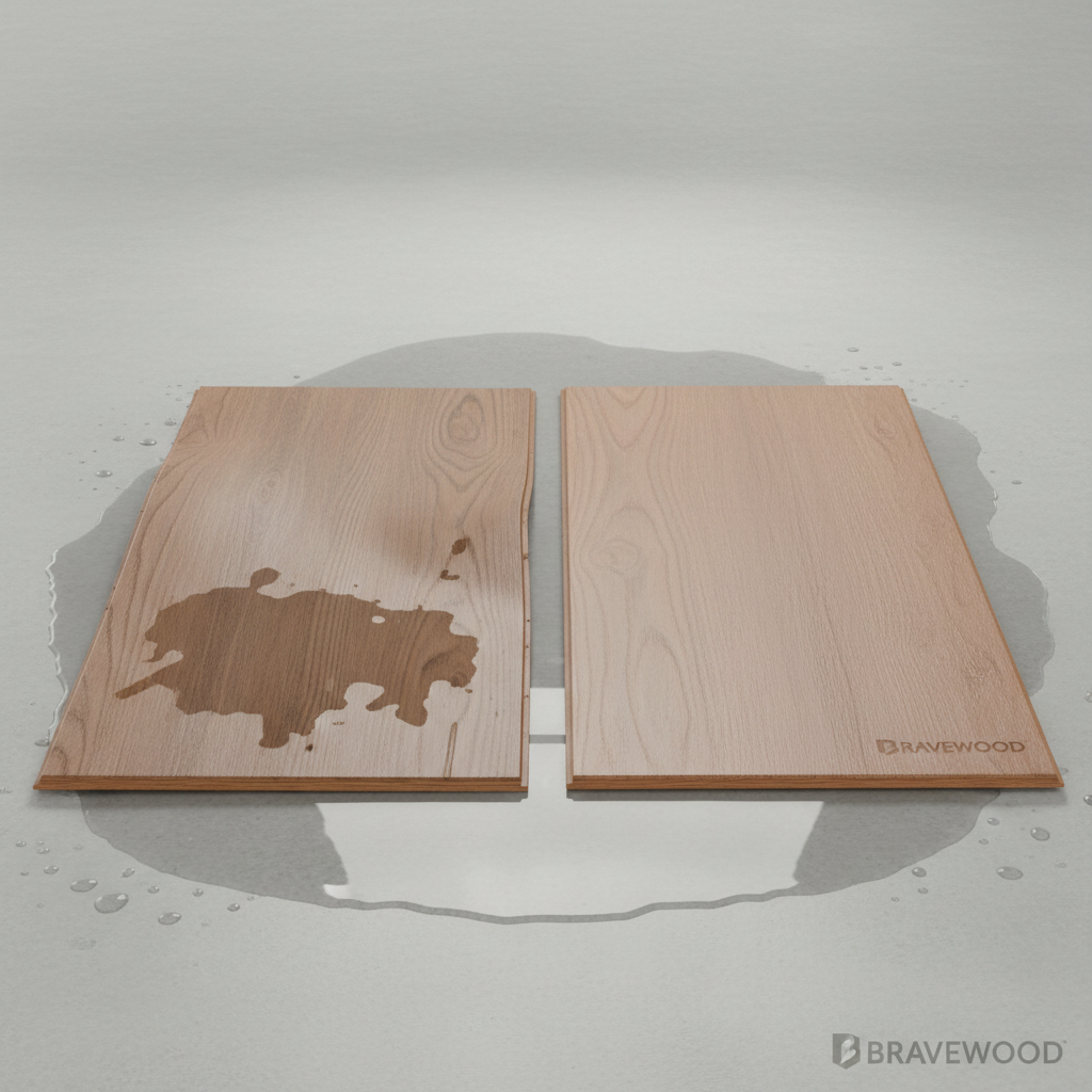 A photorealistic side-by-side comparison of two flooring planks after a severe water test. On the left, a traditional engineered wood plank is visibly damaged: swollen, cupped edges, delaminated veneer, and discolored. On the right, a Bravewood hybrid hardwood plank appears perfectly flat, intact, and unaffected by the water, showcasing its dimensional stability. The planks are resting on a wet surface or partially submerged, emphasizing the water test. Clean, well-lit studio photography style.