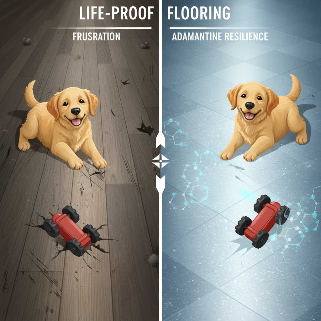 A dynamic split-panel illustration. The left panel shows a worn, scratched floor with a playful dog and a child's toy leaving marks, representing common flooring frustrations. The right panel depicts a pristine, highly durable floor with a subtle, shimmering, diamond-like texture, deflecting the same dog and toy's impact, symbolizing 'adamantine' life-proof quality.