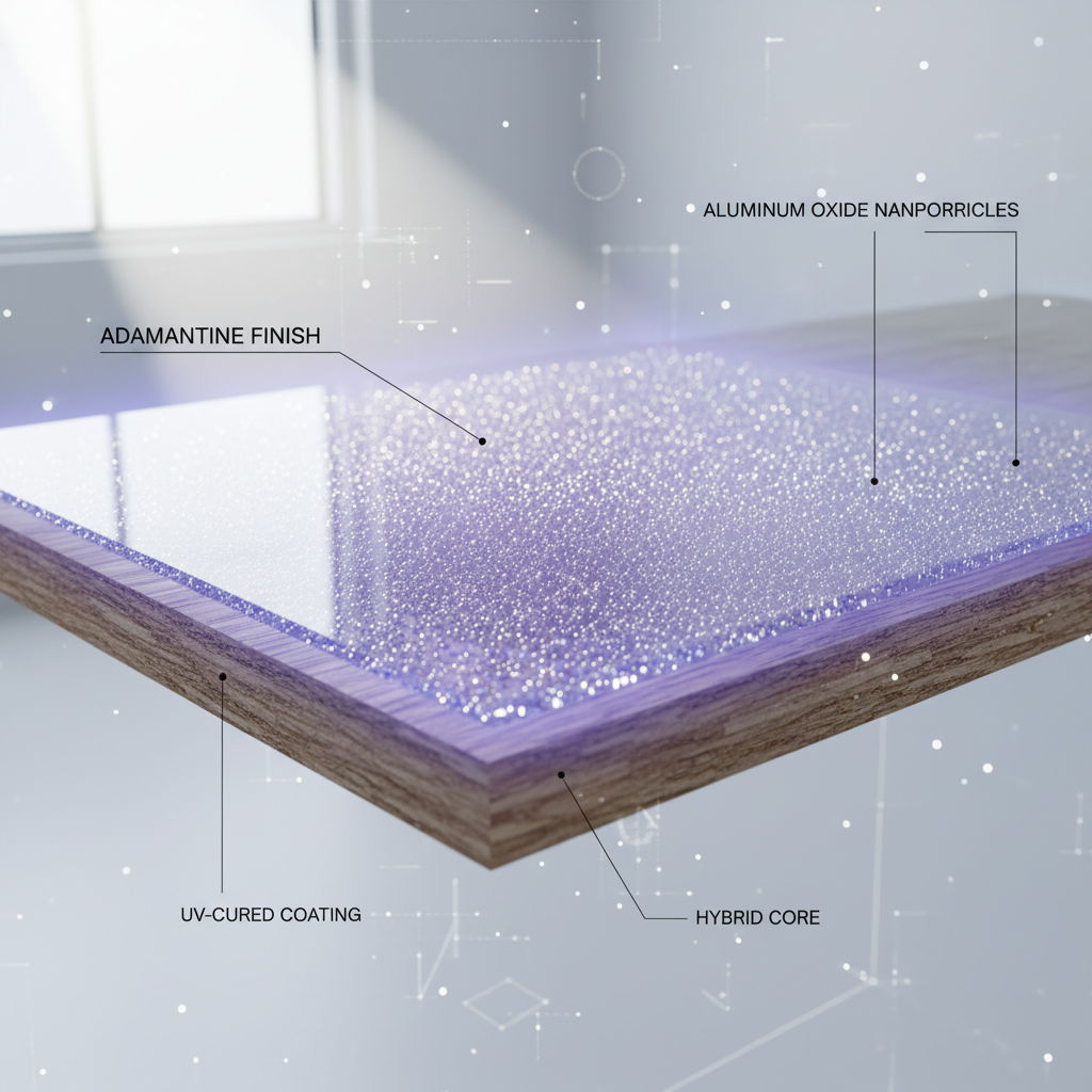 A sophisticated, cutaway 3D render of Adamantine flooring. The top layer (finish) clearly shows microscopic, shimmering aluminum oxide nanoparticles embedded within a dense, transparent, UV-cured coating, forming an impenetrable barrier. Below, a robust hybrid core is visible. A beam of sunlight hits the surface, but the finish effectively deflects or absorbs the harmful UV rays, leaving the underlying layers pristine. Style: clean, technical 3D render, high detail, with a subtle glow of protection around the finish.