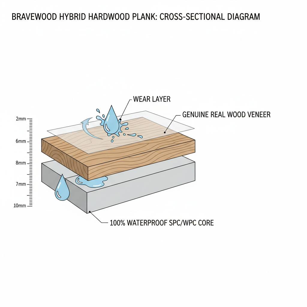 A detailed, clean, and informative cross-sectional diagram of a Bravewood hybrid hardwood plank. Clearly label the distinct layers: a thin 'Wear Layer' on top, followed by a 'Genuine Real Wood Veneer' layer, and then a thick '100% Waterproof SPC/WPC Core' as the foundational layer. Show a subtle, stylized water droplet repelling off the top surface and the core being completely impermeable. Include a ruler or measurement marks along the side to indicate thickness. Style: Technical illustration, precise, clean lines, slightly 3D perspective, informative text overlays for labels.