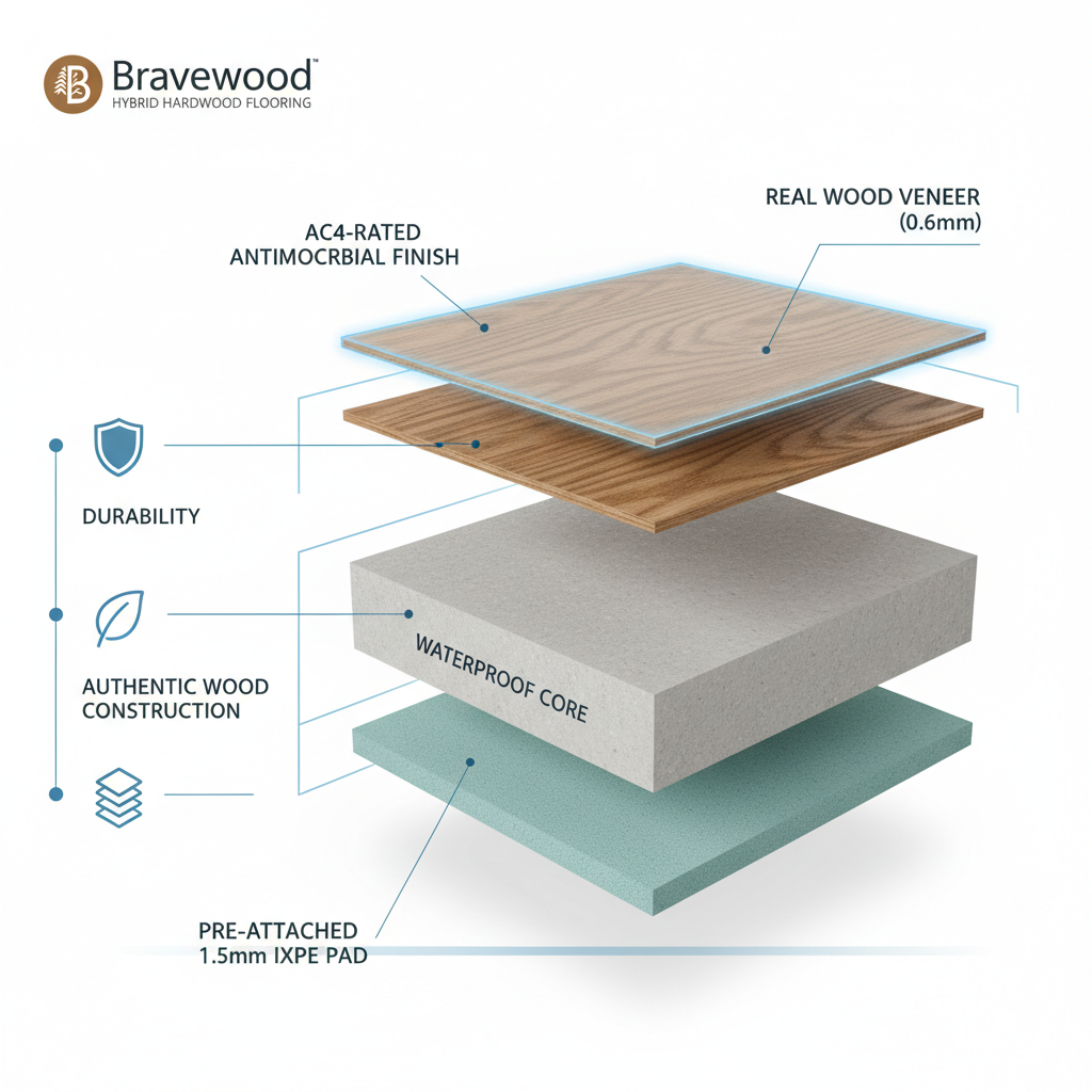 Exploded cross-section diagram of a Bravewood hybrid hardwood plank, labeling real wood veneer, AC4 finish, waterproof core, and IXPE pad.