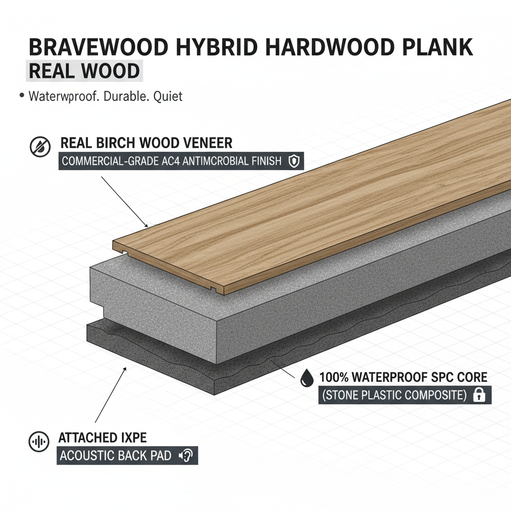 A detailed cross-section diagram of a Bravewood hybrid hardwood plank, showing its real birch wood veneer, waterproof SPC core, and IXPE acoustic back pad.