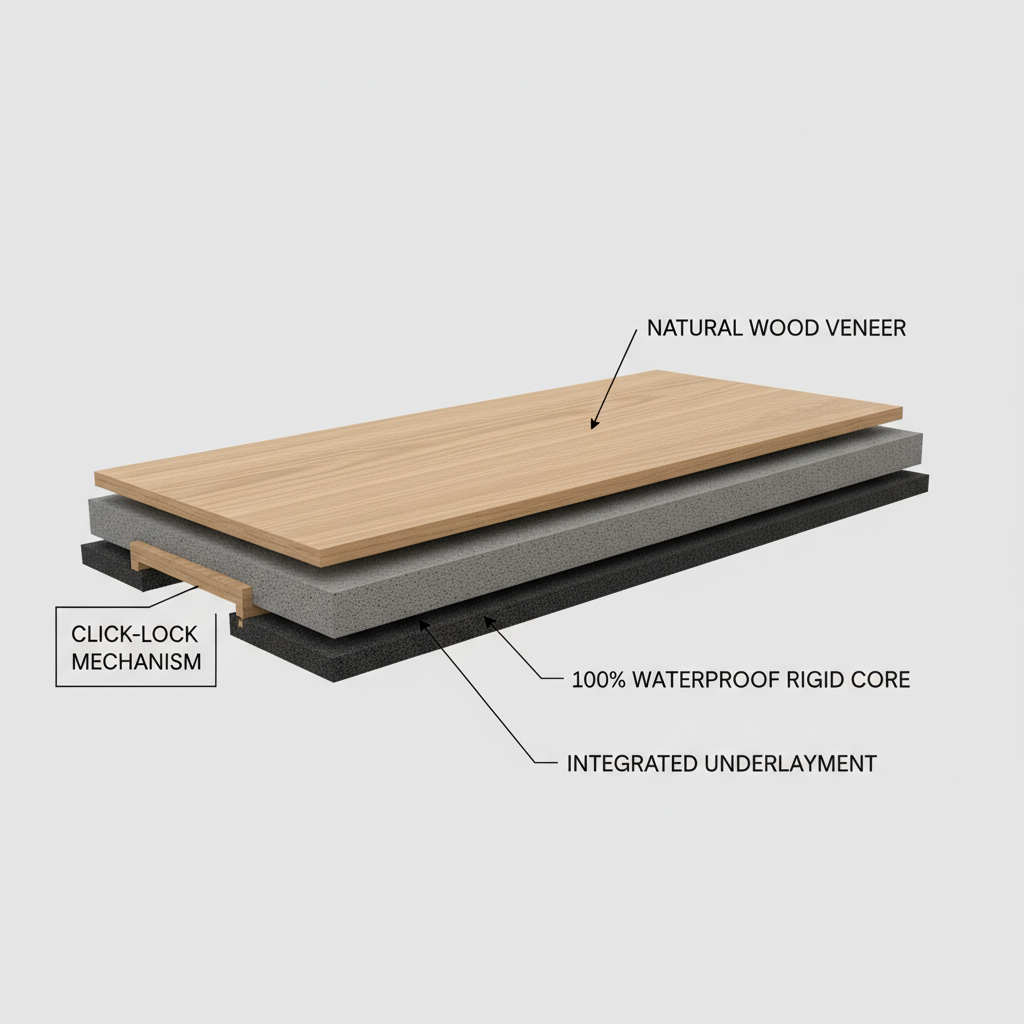A detailed cross-section diagram showing the layers of Bravewood hybrid hardwood: real wood veneer, waterproof rigid core, and integrated underlayment, with click-lock mechanism.