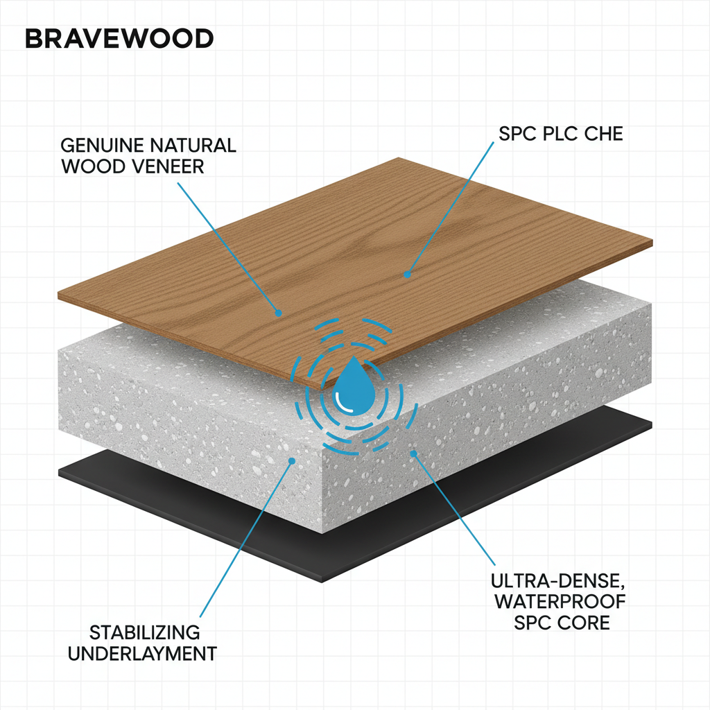 A detailed, cross-section diagram illustration of a Bravewood hybrid hardwood plank. Clearly show multiple layers: a thin, genuine natural wood veneer on top, followed by a thick, ultra-dense, waterproof SPC (Stone Polymer Composite) core, and a stabilizing underlayment. The wood veneer should show subtle grain. The SPC core should look robust and solid. A subtle water droplet icon or wave pattern could indicate waterproof capabilities. Style: clean, technical illustration, infographic style, modern, 3D render with clear labels.