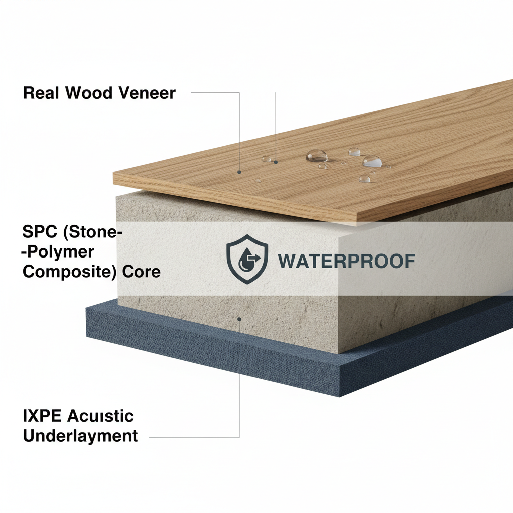 Detailed cross-sectional diagram of a Bravewood hybrid hardwood plank, labeling real wood veneer, SPC core, and IXPE underlayment.