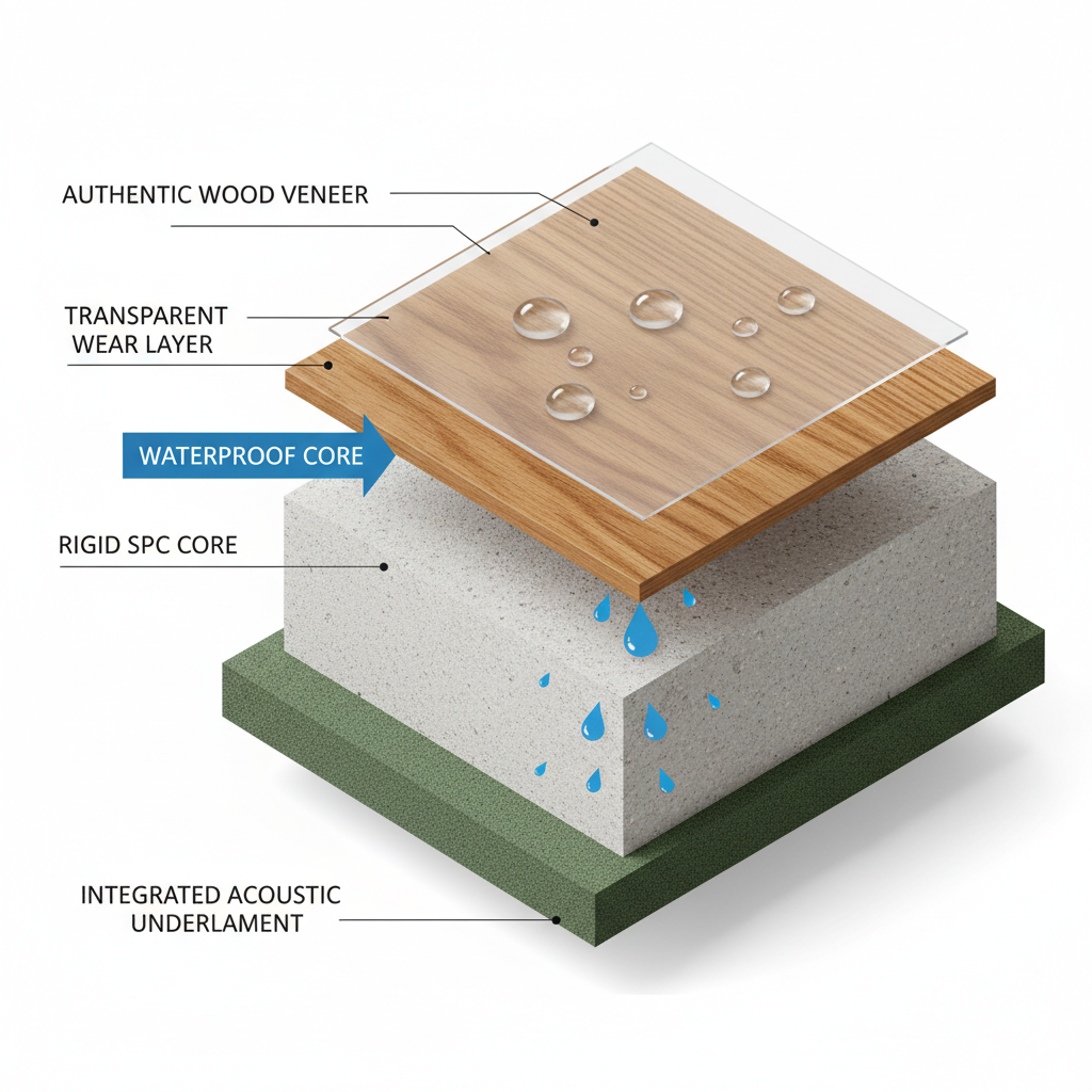 Isometric cross-section diagram of a Bravewood hybrid hardwood plank, showing a thin real wood veneer, wear layer, rigid SPC core, and integrated acoustic underlayment.