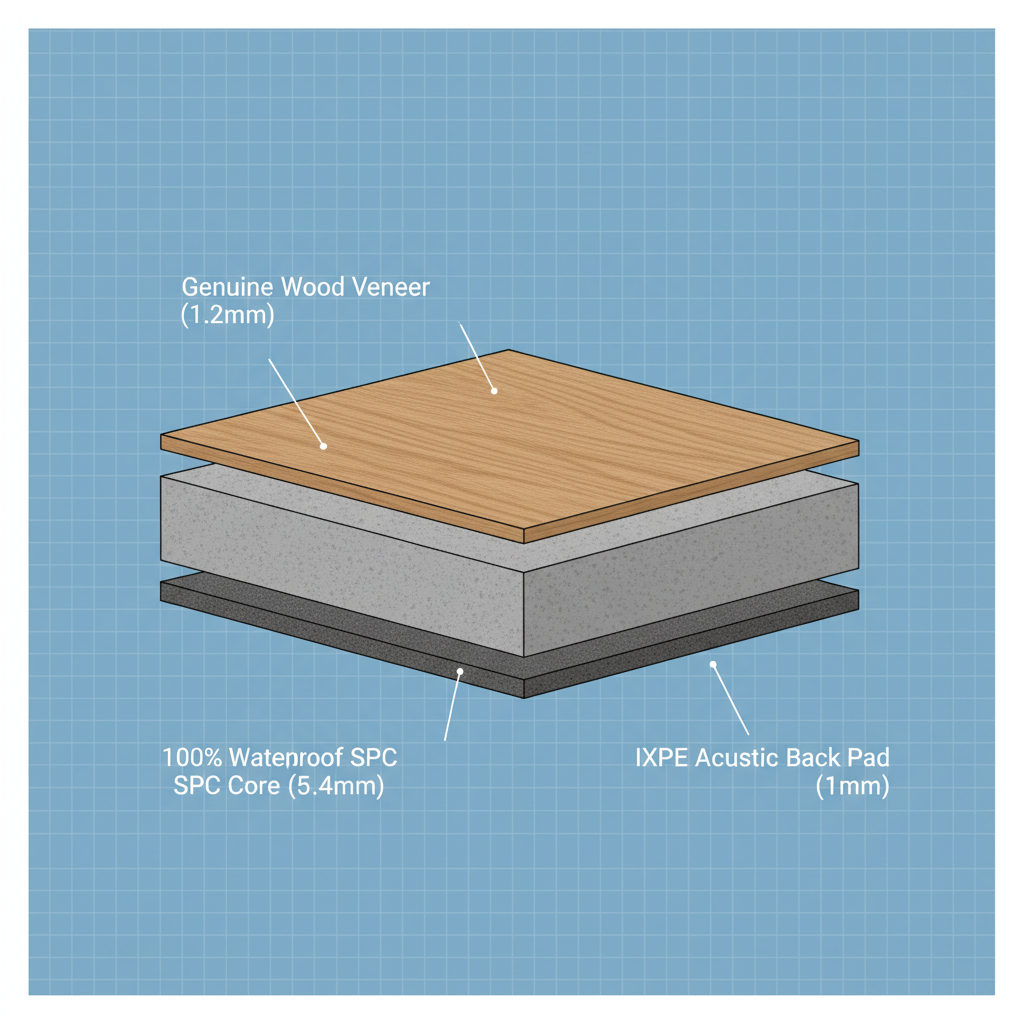 Detailed cutaway diagram showing the layers of Bravewood hybrid hardwood: genuine wood veneer, 100% waterproof SPC core, and IXPE acoustic back pad, with their respective thicknesses.
