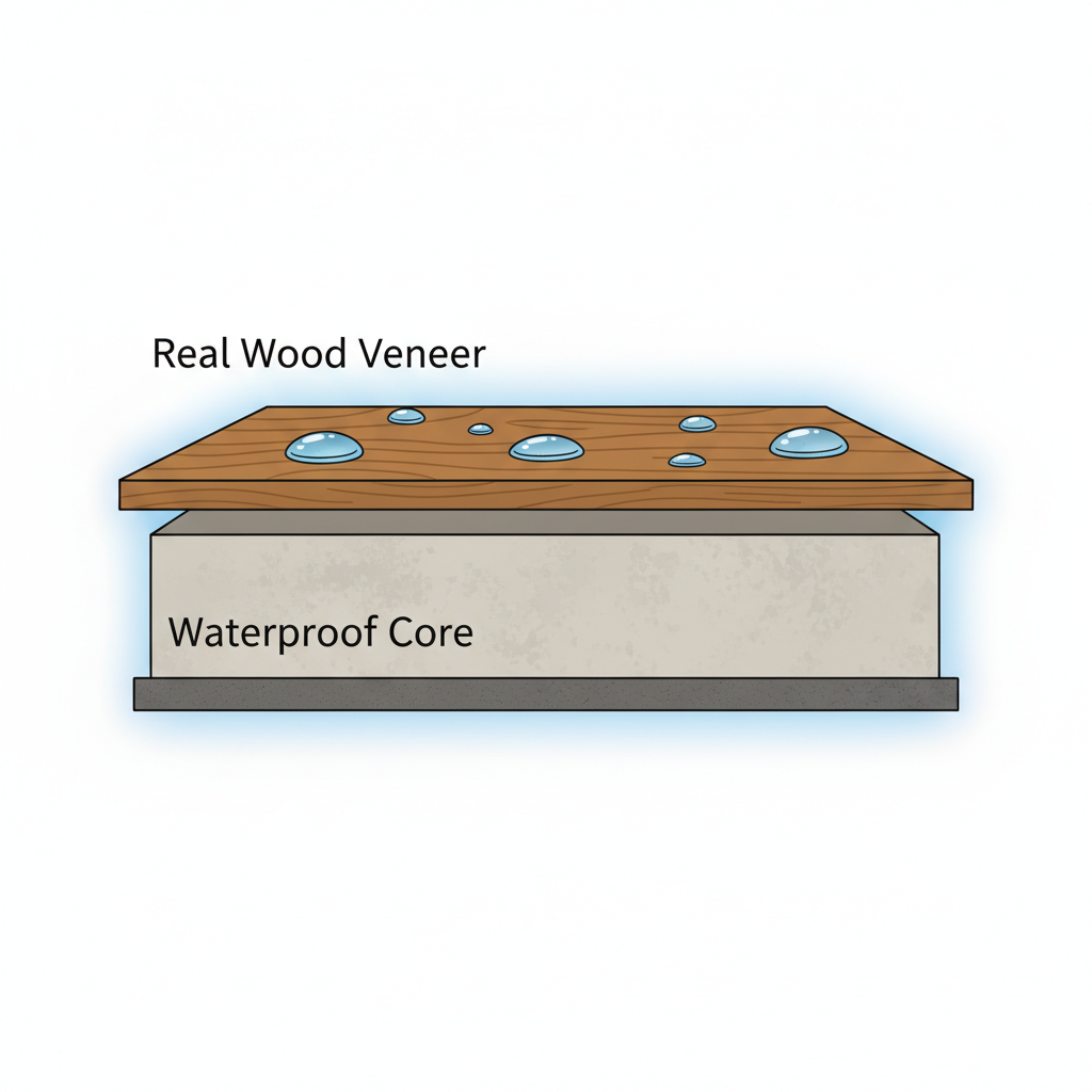 A detailed cross-section illustration of a Bravewood hybrid flooring plank. Clearly show a thin, genuine wood veneer on top, followed by a thick, 100% waterproof SPC/stone-polymer core, and a protective backing layer. Water droplets should be visibly beading on the top surface, emphasizing its waterproof nature. Include subtle text labels for "Real Wood Veneer" and "Waterproof Core." Style: clean, technical illustration, vibrant colors.