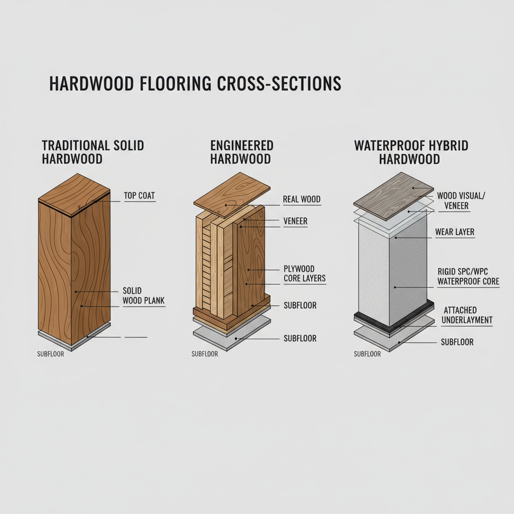 A clear, detailed infographic-style illustration showing cross-sections of three different flooring types side-by-side: 1) Traditional Solid Hardwood (a single thick piece of wood grain), 2) Engineered Hardwood (a real wood veneer over a plywood core), and 3) Waterproof Hybrid Hardwood (a thin real wood veneer or digital print over a thick, rigid SPC/WPC waterproof core). Each cross-section should be labeled with its distinct layers. Style: clean, technical, 3D cutaway view with clear labels and a neutral background.