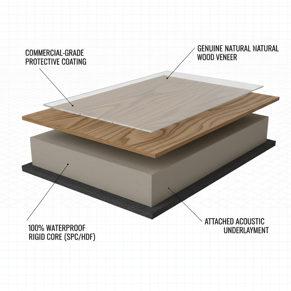 A clear, labeled cross-section diagram of a hybrid hardwood flooring plank, showing a genuine natural wood veneer, a commercial-grade protective coating, a 100% waterproof rigid core (SPC or HDF), and an attached acoustic underlayment.