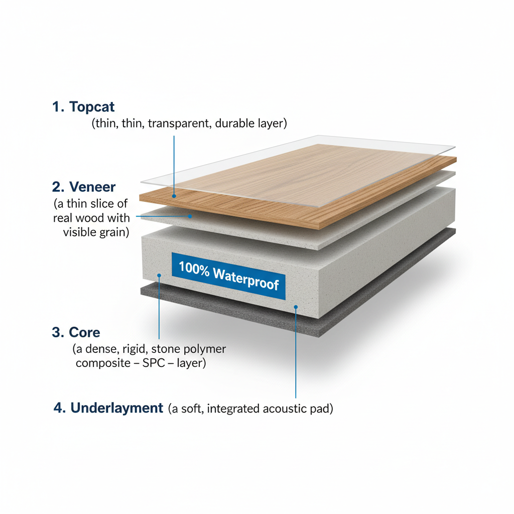 A clear, detailed infographic illustrating the cross-section of a hybrid hardwood flooring plank. Label the four distinct layers: 1. Topcoat (thin, transparent, durable layer), 2. Veneer (a thin slice of real wood with visible grain), 3. Core (a dense, rigid, stone polymer composite - SPC - layer, clearly marked '100% Waterproof'), and 4. Underlayment (a soft, integrated acoustic pad at the very bottom). Use a clean, modern, technical illustration style with clear labels and arrows.