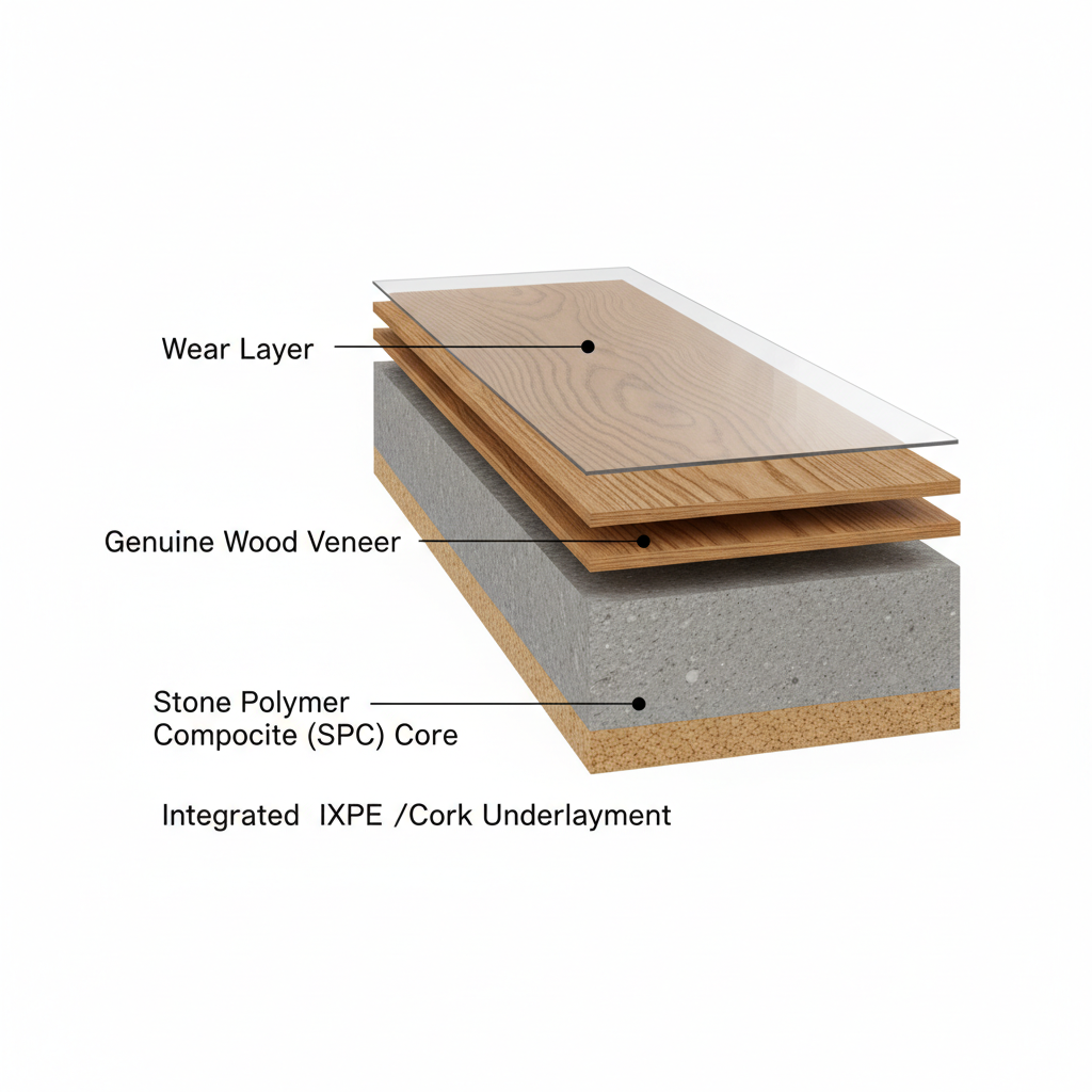 A detailed, clean 3D cross-section illustration of a hybrid hardwood flooring plank. Clearly show four distinct layers: the transparent, durable wear layer on top, followed by a thin, genuine real wood veneer (e.g., European Oak grain visible). Beneath the wood veneer is a thick, rigid Stone Polymer Composite (SPC) core, depicted as a solid, uniform grey or stone-like material. The bottom layer is a soft, integrated IXPE foam or cork acoustic underlayment. The overall style should be technical, informative, and modern, with clear labels for each layer, set against a minimalist background.