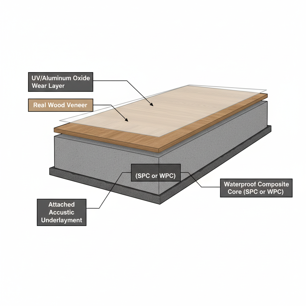 A detailed cross-section diagram of a hybrid hardwood flooring plank, labeling layers like UV/Aluminum Oxide Wear Layer, Real Wood Veneer, Waterproof Composite Core (SPC or WPC), and Attached Acoustic Underlayment.