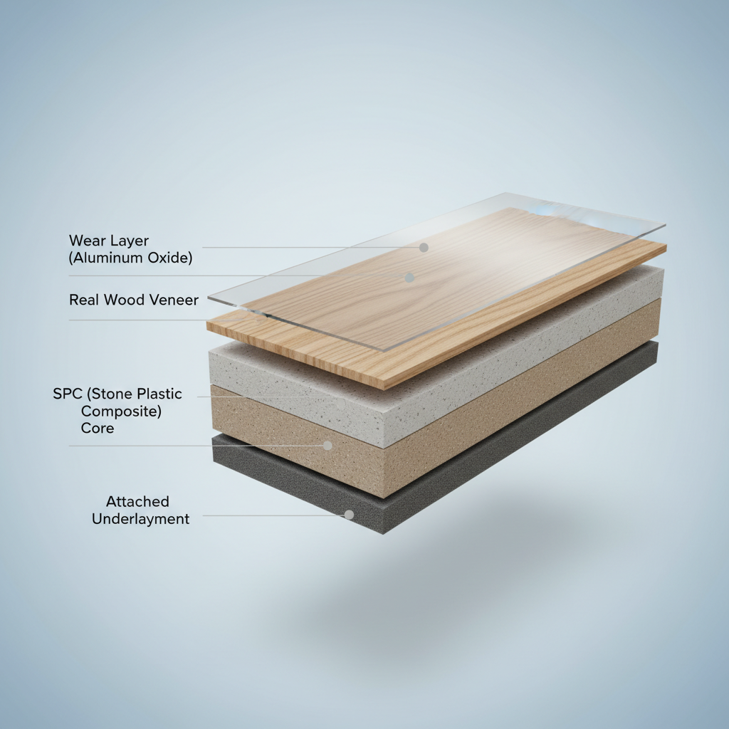 A detailed, clean 3D cross-section diagram of a hybrid hardwood flooring plank. Clearly label the layers: 'Wear Layer (Aluminum Oxide)', 'Real Wood Veneer', 'SPC (Stone Plastic Composite) Core' or 'WPC (Wood Plastic Composite) Core', and 'Attached Underlayment'. The diagram should have a modern, technical, and informative aesthetic with clear lines and subtle textures for each layer.