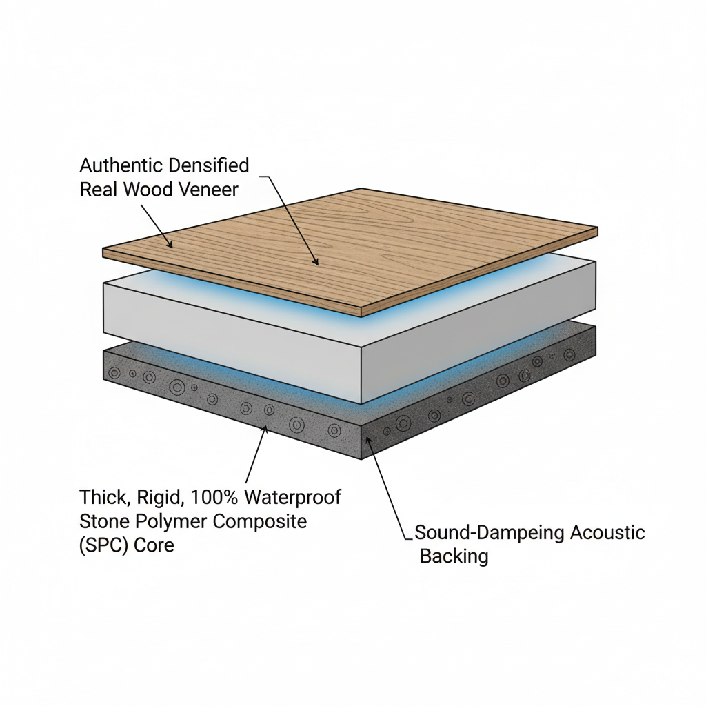 Detailed cross-section diagram of a hybrid hardwood plank, showing a real wood veneer, a 100% waterproof Stone Polymer Composite (SPC) core, and an acoustic backing, clearly labeled.