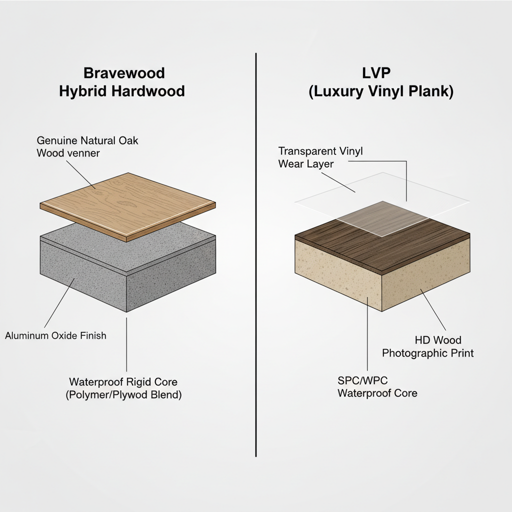 Detailed cross-section comparison of Bravewood Hybrid Hardwood and LVP flooring layers.