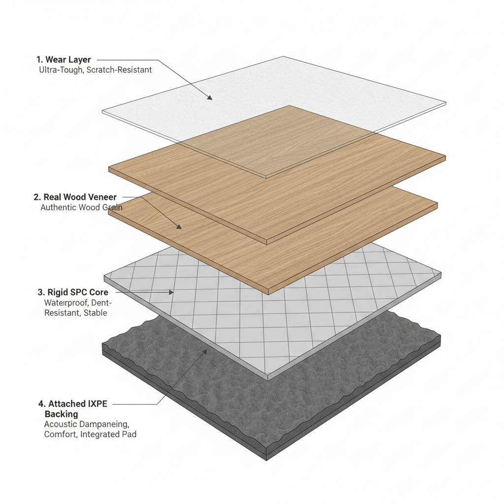 A detailed, exploded cross-section diagram of a hybrid resilient flooring plank.