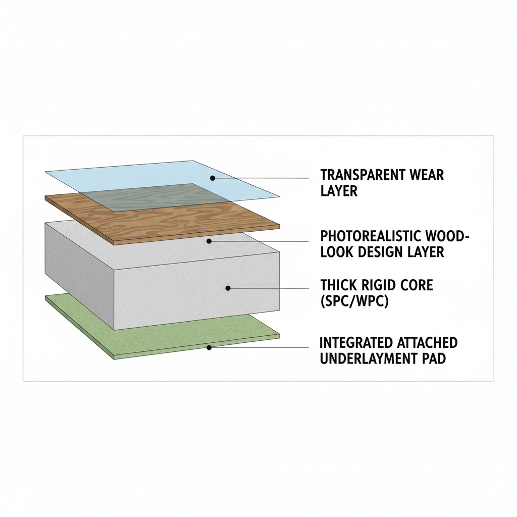 Cross-section diagram illustrating the layers of Luxury Vinyl Plank (LVP): wear layer, design layer, rigid core (SPC/WPC), and attached underlayment.