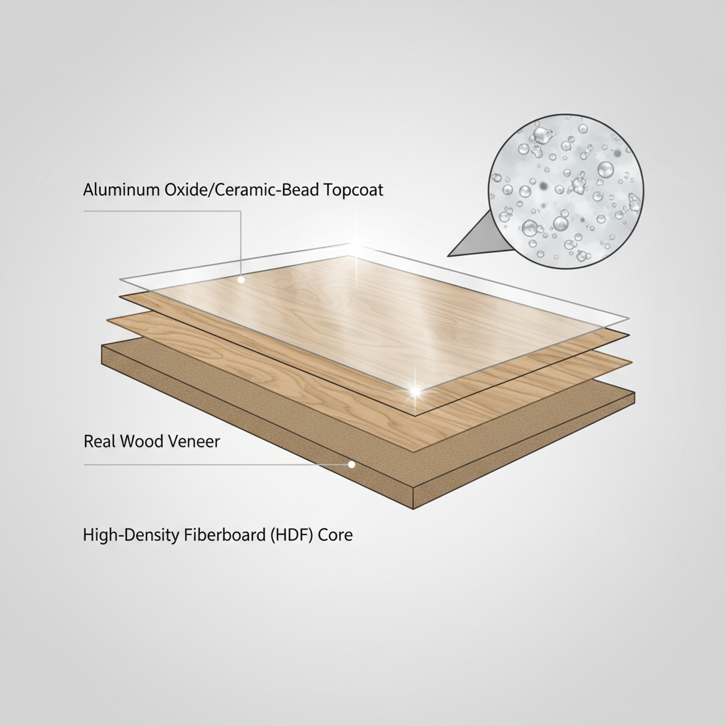 A detailed cross-section diagram of a hybrid hardwood plank, labeling the real wood veneer, HDF core, and the protective aluminum oxide/ceramic-bead topcoat.
