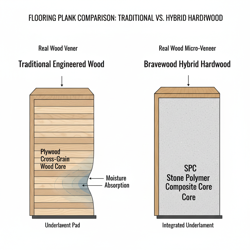 A detailed, scientific cross-section illustration comparing two types of flooring planks side-by-side. On the left, a 'Traditional Engineered Wood' plank showing a thin real wood veneer on top of multiple layers of plywood (cross-grain wood core), with a subtle visual cue of moisture absorption (e.g., slightly swollen or wavy plywood layers). On the right, a 'Bravewood Hybrid Hardwood' plank showing a real wood micro-veneer on top of a thick, solid, stone-like core labeled 'SPC Stone Polymer Composite Core,' appearing perfectly rigid and unaffected by moisture. Use clean, modern infographic style with clear labels for each layer. The overall mood should be informative and precise.