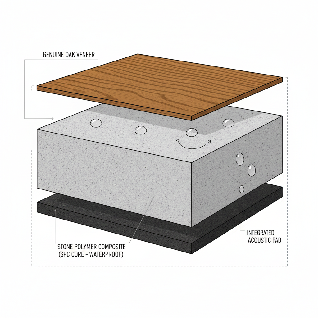 A detailed cross-section diagram of Bravewood hybrid hardwood showing layers: real wood veneer, rigid SPC core, and acoustic pad, with water repelled by the core.