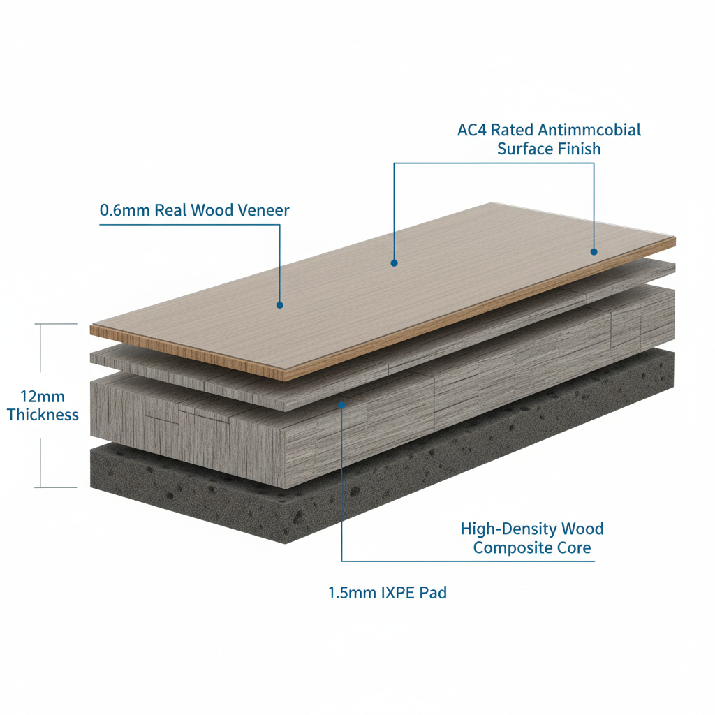 Detailed cross-section diagram of a Bravewood hybrid hardwood plank showing layers like real wood veneer, AC4 finish, and IXPE pad.
