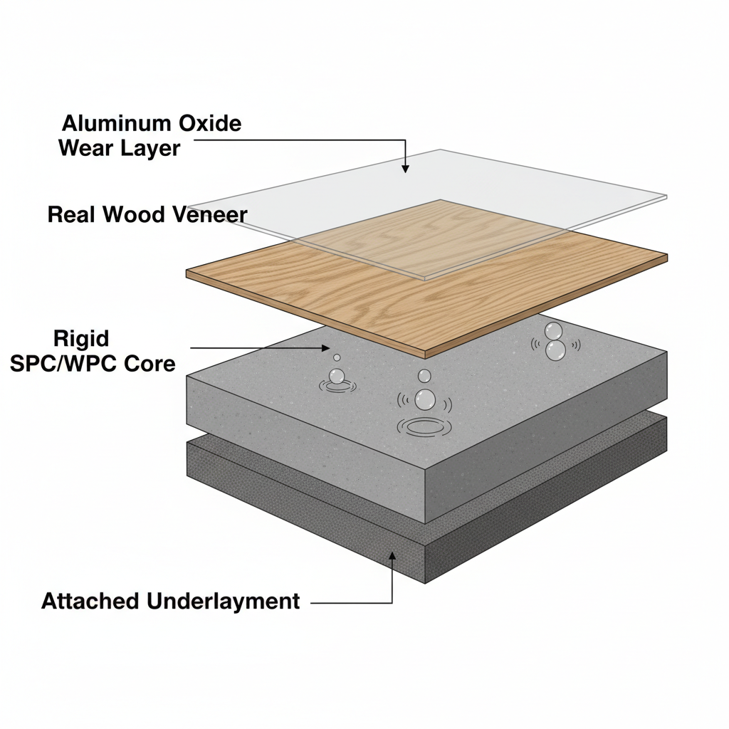 A detailed, exploded cross-section diagram of a Bravewood hybrid hardwood plank. Clearly label the layers: 'Aluminum Oxide Wear Layer' (top, thin, transparent), 'Real Wood Veneer' (thin layer below, showing wood grain), 'Rigid SPC/WPC Core' (thick, central, solid, waterproof layer, possibly with a subtle stone or wood composite texture), and 'Attached Underlayment' (bottom, soft, sound-absorbing layer). Show subtle water droplets bouncing off or unable to penetrate the rigid core, emphasizing its impermeability.