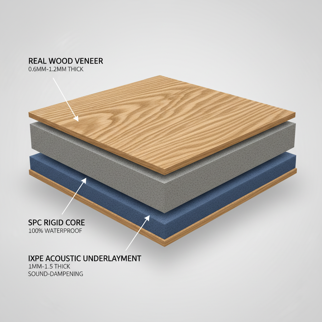 A detailed, cross-section diagram of a hybrid hardwood flooring plank. Clearly label three distinct layers: 'Real Wood Veneer' (top, showing natural grain, 0.6mm-1.2mm thick), 'SPC Rigid Core' (middle, dense, stone-plastic composite, 100% waterproof), and 'IXPE Acoustic Underlayment' (bottom, soft, sound-dampening, 1mm-1.5mm thick). The overall style should be clean, scientific, and illustrative with a subtle 3D effect, using natural wood tones and clear, legible text.