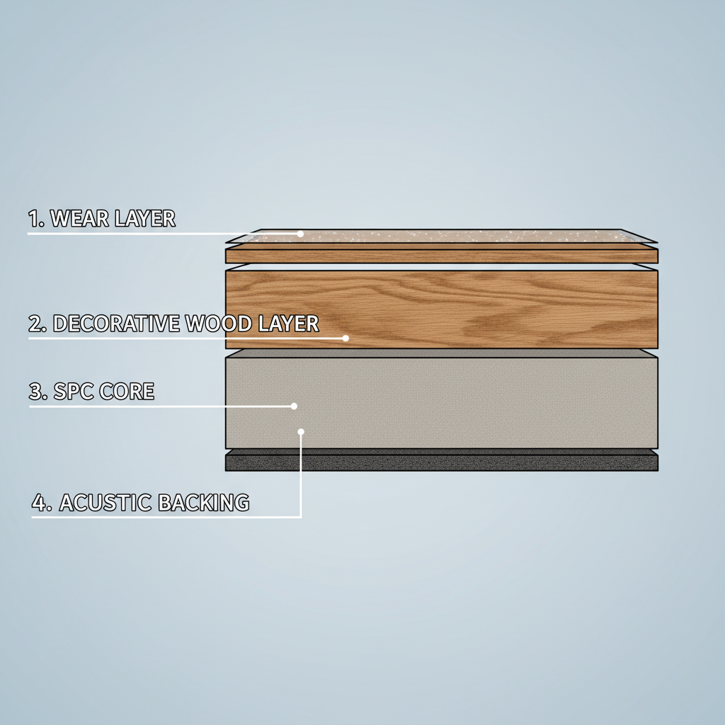 A clean, modern technical illustration or 3D render of a cross-section of a hybrid hardwood plank. Clearly show four distinct, labeled layers: The top 'Wear Layer', the 'Decorative Wood Layer' (a thin, genuine wood veneer), the 'SPC Core' (a thick, rigid, light gray or beige layer), and the 'Acoustic Backing' (a thinner, dark gray or cork-textured layer at the bottom). Use a side-view perspective with clear, legible labels pointing to each layer.