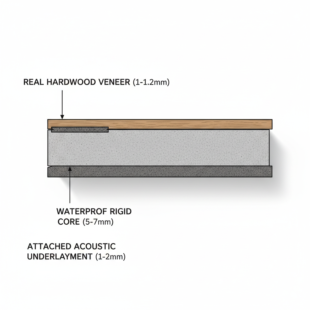 A detailed, cutaway cross-section diagram of a premium hybrid hardwood flooring plank. Clearly label the distinct layers: a thin (1-1.2mm) real hardwood veneer on top, a thick (5-7mm) waterproof rigid core (like SPC or WPC) in the middle, and a thin (1-2mm) attached acoustic underlayment pad at the bottom.