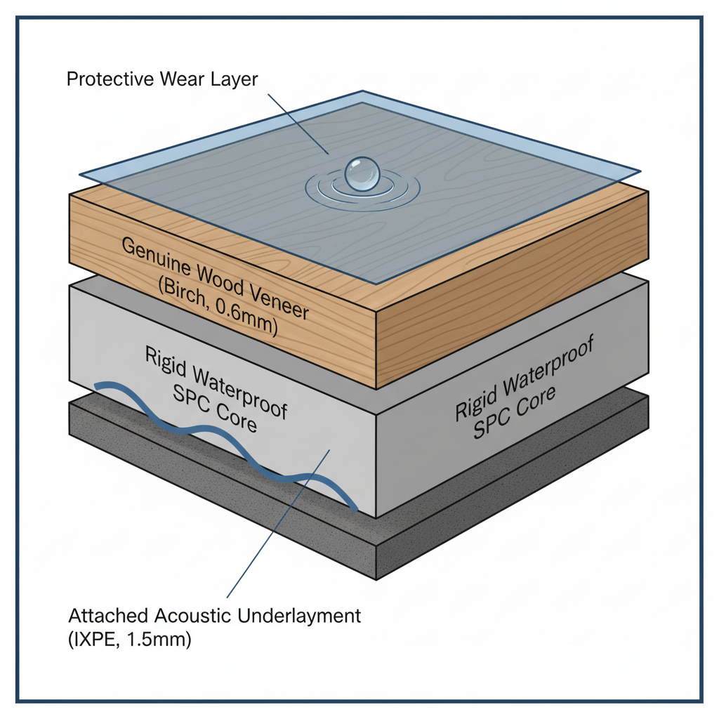A detailed cross-section diagram of a hybrid hardwood flooring plank showing its layers: protective wear layer, genuine wood veneer, rigid waterproof SPC core, and attached acoustic underlayment.