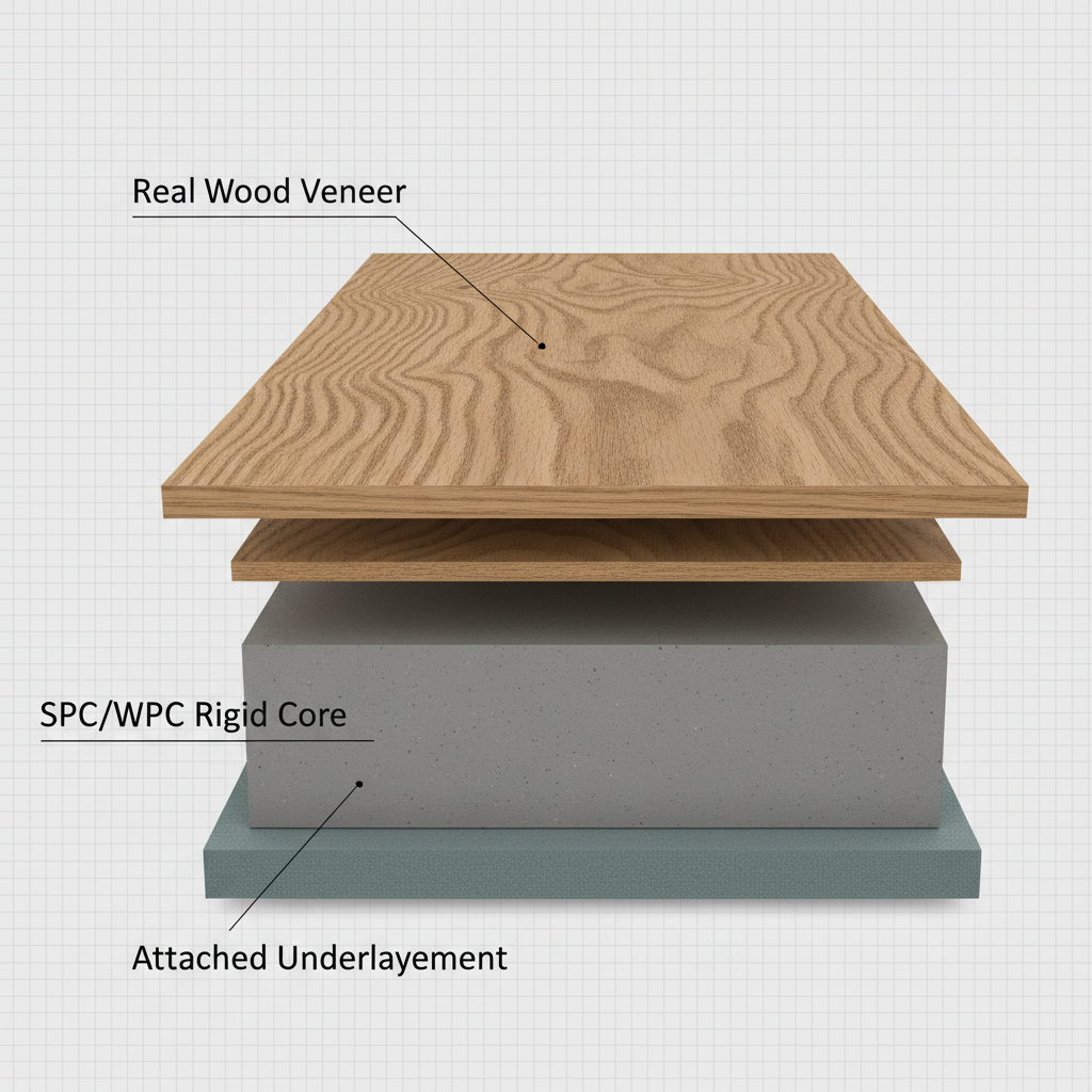 A detailed cross-section diagram of a waterproof hardwood flooring plank, showing a thick real wood veneer on top, a dense Stone Polymer Composite (SPC) rigid core beneath it, and an integrated underlayment layer at the bottom. Labels clearly indicate 'Real Wood Veneer', 'SPC/WPC Rigid Core', and 'Attached Underlayment'.