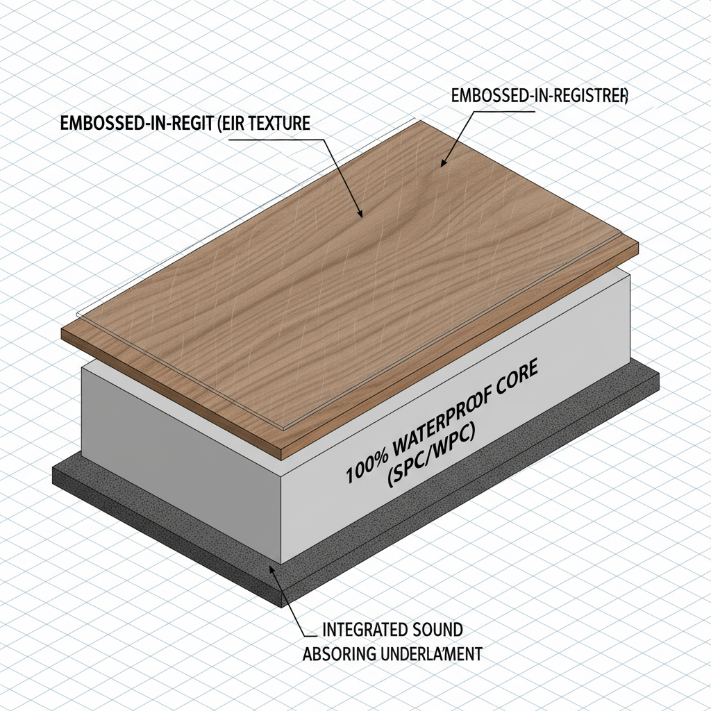 A detailed, isometric cutaway diagram of a waterproof hybrid hardwood plank. Clearly show the layered construction: a thin, real wood veneer on top, protected by a transparent wear layer with Embossed-in-Register (EIR) texture perfectly aligned with the visible wood grain. Below this, depict a thick, rigid, 100% waterproof core (labeled 'SPC' or 'WPC'), and finally, a thin, integrated sound-absorbing underlayment at the very bottom.