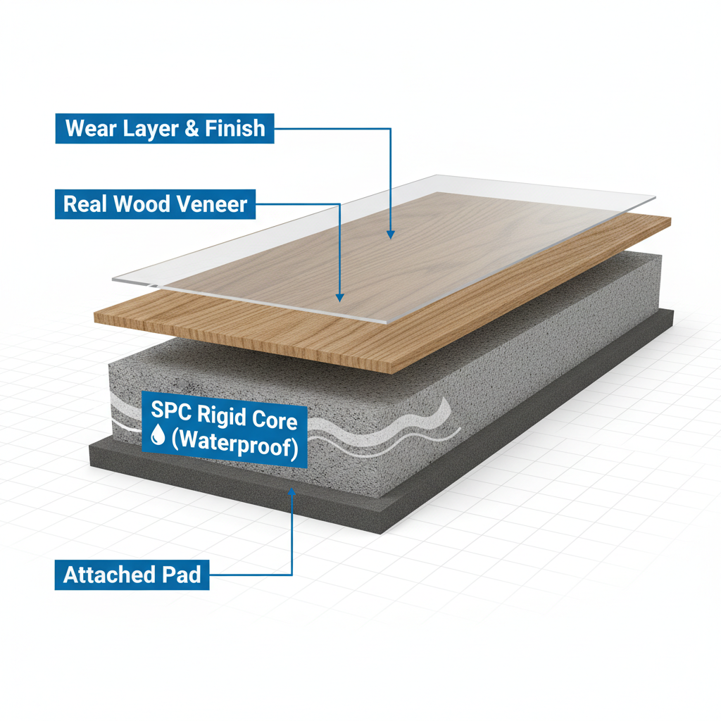 A clear, detailed cross-section diagram of a hybrid hardwood flooring plank. Clearly label the layers: 'Wear Layer & Finish,' 'Real Wood Veneer,' 'SPC Rigid Core (Waterproof),' and 'Attached Pad.' The SPC core should be visually distinct and emphasized as the waterproof element.