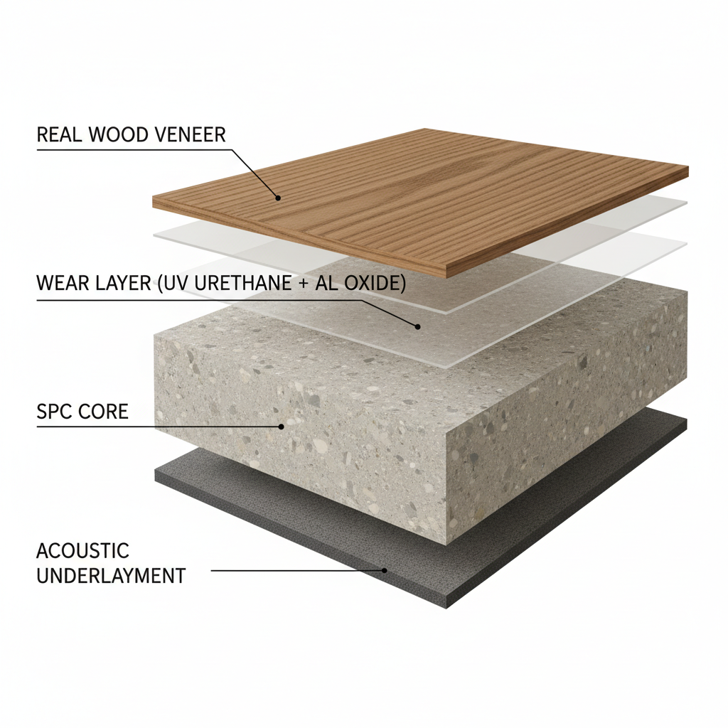 Detailed cross-section diagram showing the layers of a Bravewood hybrid hardwood plank, including real wood veneer, wear layer, SPC core, and underlayment.