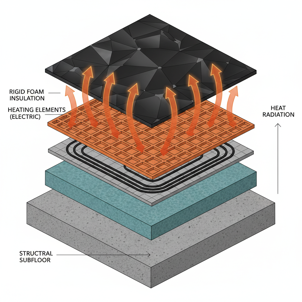 A clear, exploded 3D isometric diagram illustrating the complete 'indestructible' underfloor heated floor assembly. Each layer is distinct and slightly separated, showing the sequence from bottom to top: the structural subfloor (e.g., concrete slab or plywood), a thick layer of rigid foam insulation (thermal break), the heating elements (either electric cables or hydronic pipes embedded in a thin layer), a specialized uncoupling membrane with a geometric pattern, and finally, the adamantine flooring top layer. Arrows indicate heat radiating efficiently upwards. Style: clean, technical diagram, informative, with subtle material textures.
