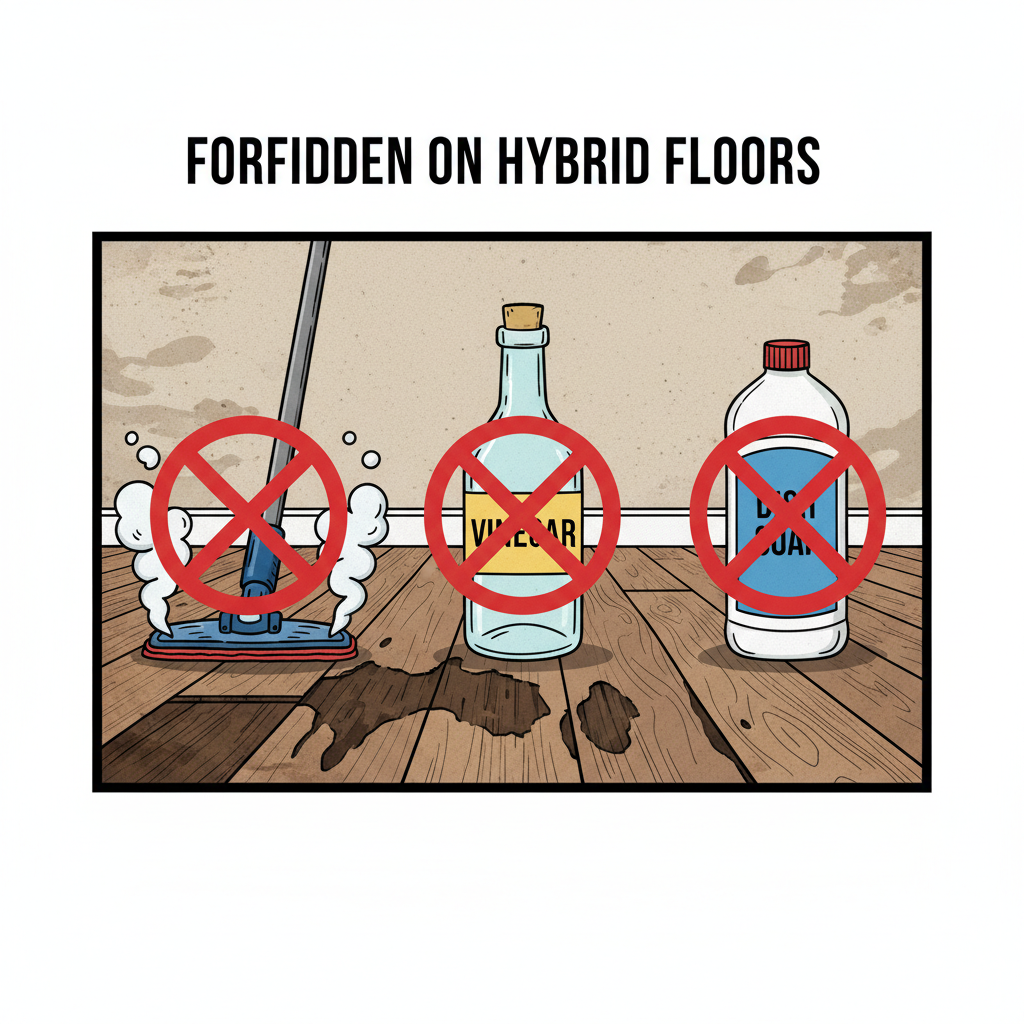 Illustration showing a steam mop, vinegar, and dish soap with red 'X's over them, symbolizing cleaning mistakes to avoid for hybrid hardwood floors.