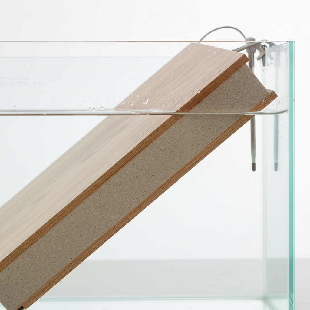 A photorealistic image of a Bravewood hybrid hardwood plank partially submerged in a clear glass tank of water. The cut edge of the plank is visible, with the genuine wood veneer showing a slight, natural absorption at the very edge, but the main SPC core remains perfectly intact, rigid, and shows no signs of swelling, delamination, or degradation. The water is clear, and the background is neutral, emphasizing the plank and the water. The scene should convey scientific testing and durability.