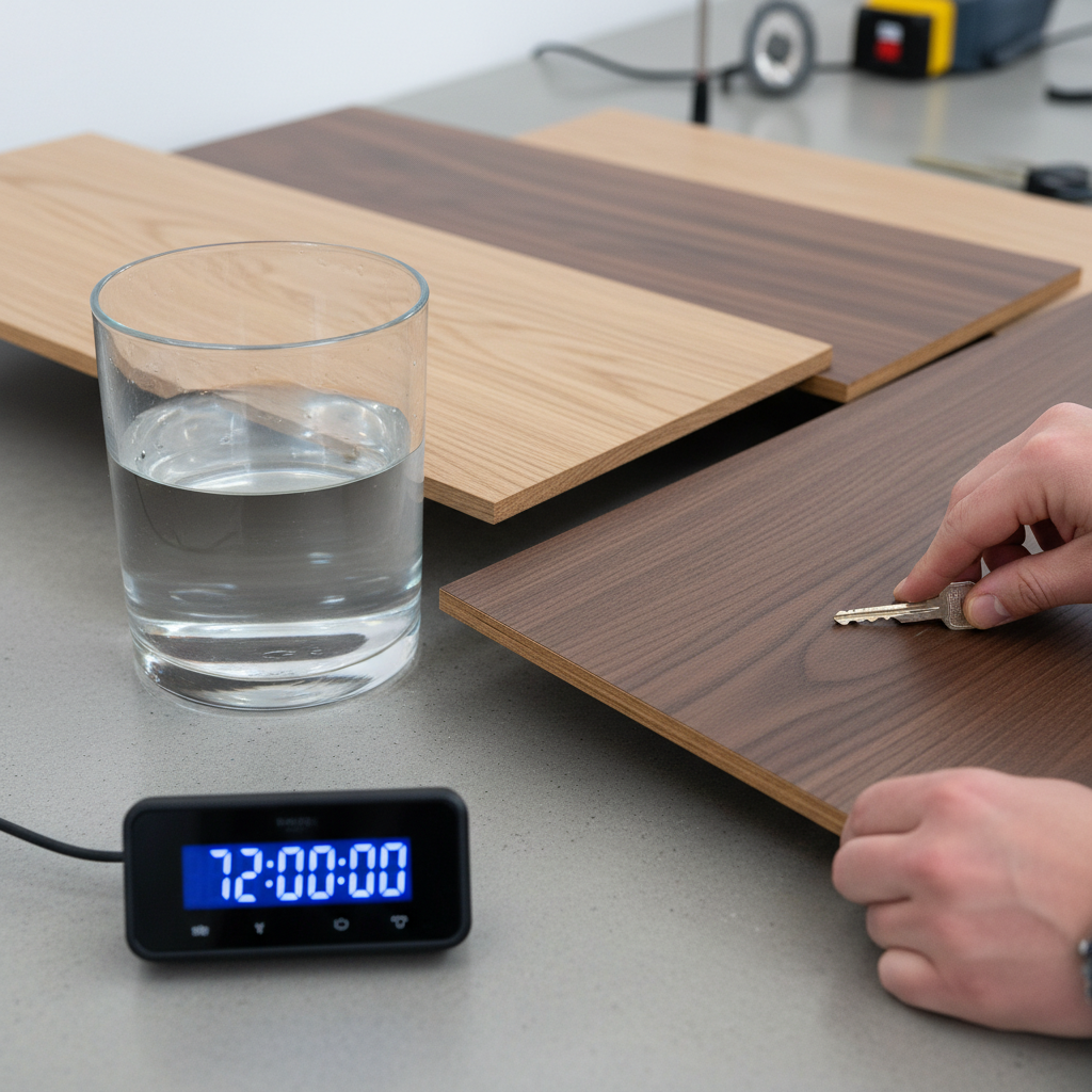Close-up photo of Bravewood hybrid hardwood planks submerged in water for 48-72 hours, showing no swelling or warping, with a timer visible.