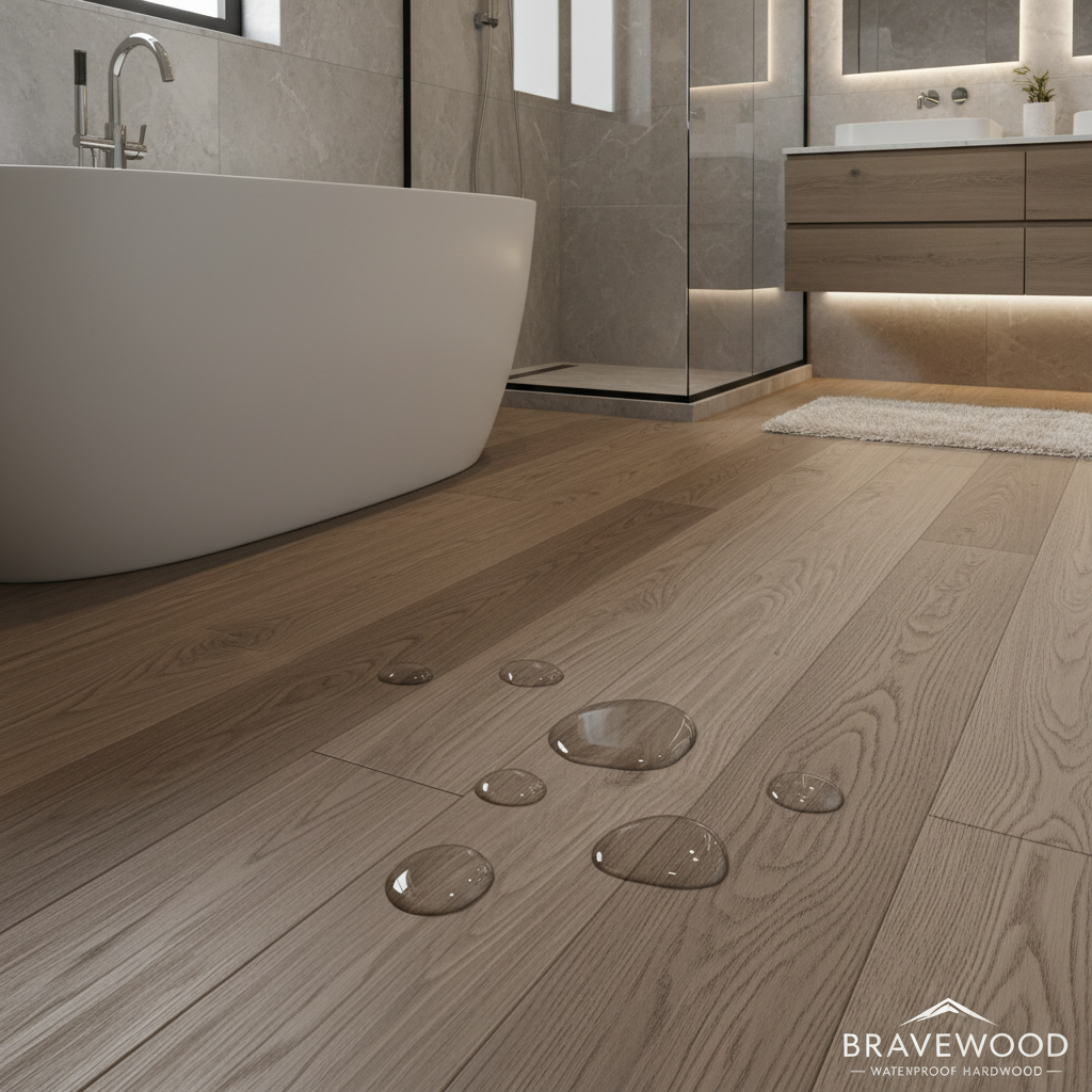 An elegant product shot of Bravewood waterproof hardwood flooring installed in a luxurious, modern bathroom. Water droplets bead on the pristine wood surface near a freestanding bathtub, highlighting the flooring's waterproof capabilities and high-end quality.