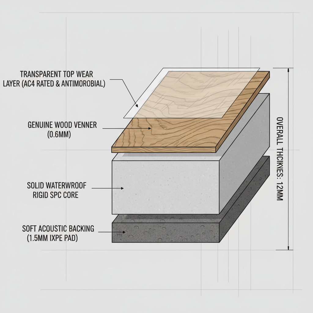 A detailed, clean, cross-section diagram of a Bravewood Hybrid Hardwood plank showing four distinct layers: wear layer, wood veneer, waterproof rigid SPC core, and acoustic backing.
