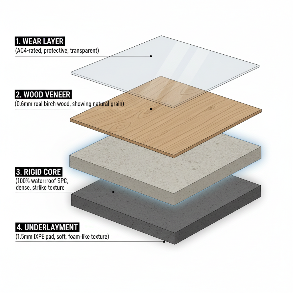 Exploded cross-sectional diagram of Bravewood Hybrid Hardwood, showing its layers: Wear Layer, Wood Veneer, 100% waterproof SPC Rigid Core, and IXPE Underlayment.