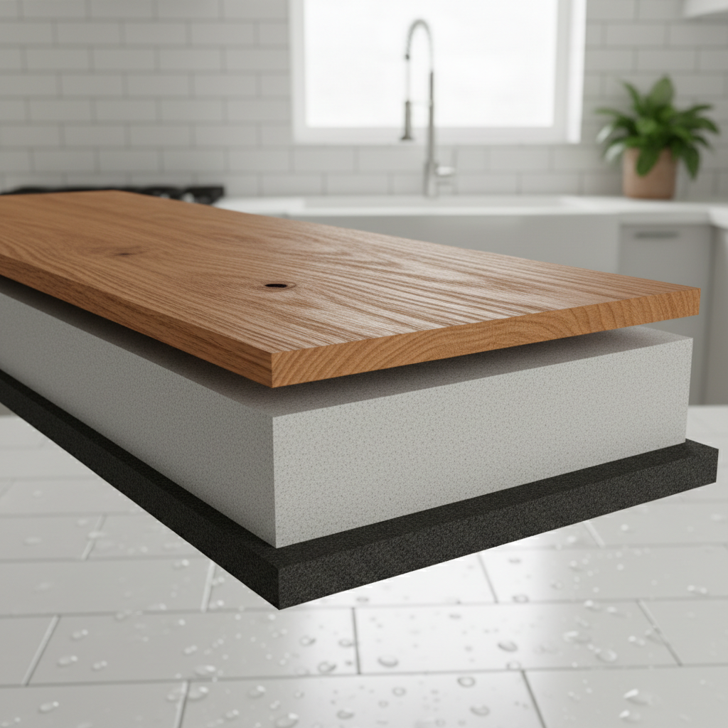 A sophisticated 3D render illustrating the cross-section of a Bravewood hybrid hardwood plank. Clearly show the genuine wood veneer layer on top, followed by a rigid, waterproof core, and an integrated IXPE pad at the bottom. The top surface should display realistic EIR texturing. In the background, subtly hint at a modern kitchen or bathroom setting, suggesting its waterproof capabilities. Style: clean, technical, high-detail 3D render with natural wood textures.